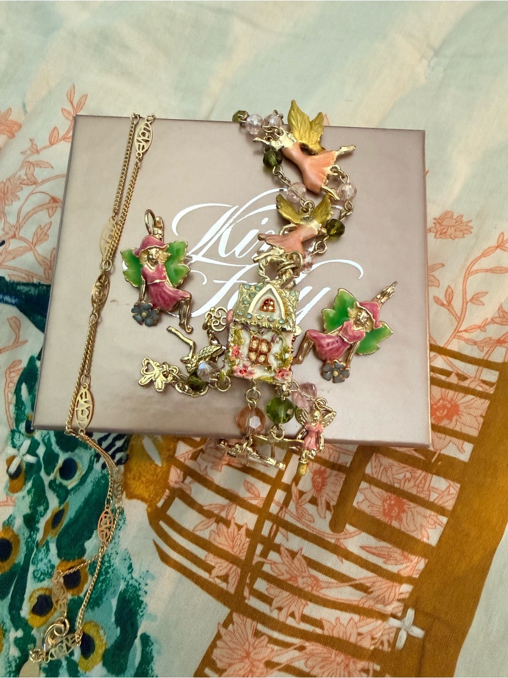 RARE Kirk’s Folly Fairy House Gold Tone Pendant & Earring Set w Box